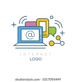 Abstract logo design with laptop, smartphone and speech bubbles. Internet and modern technologies. Linear icon with colorful fill. Creative vector illustration