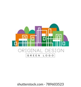 Abstract logo design with linear city buildings against forest background. Colorful flat vector design for banner, business card of real estate agency