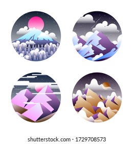 Abstract logo design minimalistic templates with gradient landscapes and scenes. Vector emblem and concepts in round shape