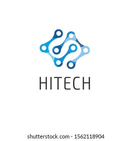 Abstract logo design template. Blue molecules form vector pattern. Creative idea concept, icon, sign, symbol, identity, branding for business, science, hitech, technology, education, innovation.