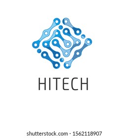 Abstract logo design template. Blue molecules form vector pattern. Creative idea concept, icon, sign, symbol, identity, branding for business, science, hitech, technology, education, innovation.