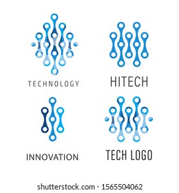 Abstract logo design template. Blue molecules form vector pattern. Creative idea concept, icon, sign, symbol, identity, branding for business, science, hitech, technology, education, innovation.