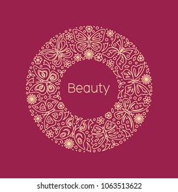 Abstract logo design template with butterflies, flowers and leaves in trendy linear style for packaging, cosmetics, invitation, boutique, cafe, hotel, beauty salon, yoga studio.