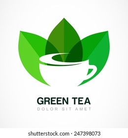 Abstract logo design template. Green tea symbol, natural herbal drink. Vector negative space icon. Concept for bar menu, tea shop, cafe, organic product.