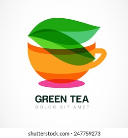 Abstract logo design template. Green tea symbol, natural herbal drink. Vector icon. Concept for bar menu, tea shop, cafe, organic product.