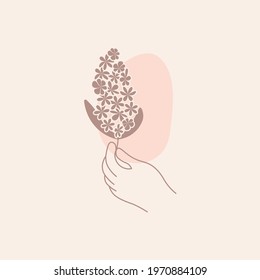 Abstract logo design template. Hand with flower in trendy outline minimal style. Symbol for cosmetics, jewellery, beauty and handmade products isolated. Flat Art Vector Illustration