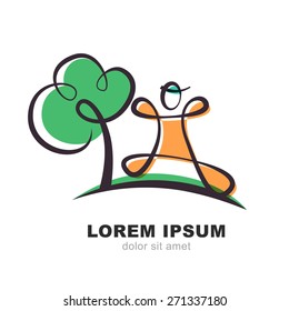 Abstract logo design template. Running man and green tree. Summer travel illustration.