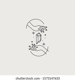 Abstract logo design templates in trendy linear minimal style. Vector hands with diamond and stars - label for cosmetics, jewellery, beauty products on white background
