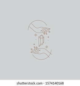 Abstract logo design templates in trendy linear minimal style. Vector hand with cup of coffee or tea  - symbol for coffee house, teahouse, luncheonette