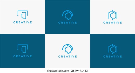 Abstractas diseños de logotipos con la palabra "CREATIVE" en un diseño de cuadrícula