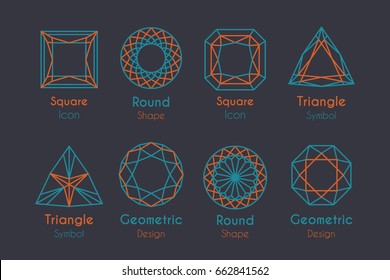 Abstract Logo or Emblems Set with geometric diamond shapes. Vector line art icons collection with round, square and triangular signs