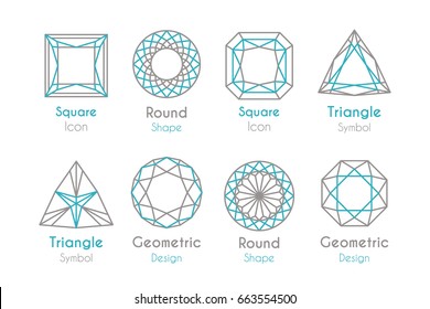 Logotipo abstracto o emblemas establecidos con formas de diamante geométrico. Colección de iconos de arte de línea de vectores con signos redondos, cuadrados y triangulares aislados en fondo blanco