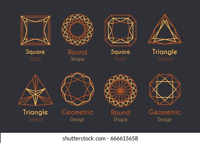 Abstract Logo or Emblems Set with geometric diamond shapes. Vector line art icons collection with round, square and triangular signs