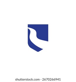 Logotipo abstrato com um escudo azul com um caminho fluvial sinuoso branco.