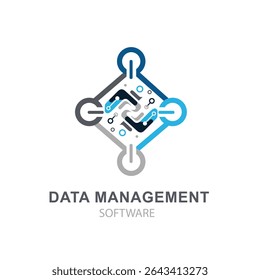 Logotipo abstrato com um design de placa de circuito em azul e cinza, simbolizando gerenciamento de dados e tecnologia de software.