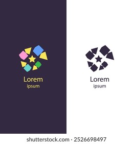 Logotipo abstrato com formas geométricas coloridas e irregulares dentro de um quadro quadrado arredondado. Ideal para marcas, empresas criativas, agências de design e temas de tecnologia.