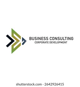 Abstract logo featuring dynamic arrow shapes in green, black, and blue, representing business consulting and corporate development.