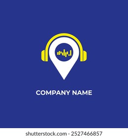 Abstract logo featuring headphones encircling a location pin with a sound wave symbol. Ideal for audio technology, podcasts, or music companies. Vibrant yellow and blue color scheme for modern appeal.