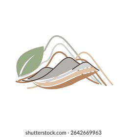 Logotipo abstrato com colinas em camadas e uma folha verde proeminente, simbolizando a natureza, viagens ou um ambiente orgânico.