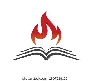 An abstract logo featuring an open book with a burning fire flame rising from it, representing the passion for knowledge