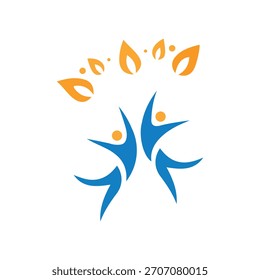 Abstraktes Logo mit zwei stilisierten blauen Figuren mit orangefarbenen Köpfen, die nach oben zu abstrakten orangefarbenen Blättern und Punkten reichen und Wachstum und Gemeinschaft symbolisieren.
