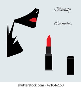 abstract logo of feminine face red lips lipstick tube black cap inscription beautiful cosmetics isolated modern art design element light vector background