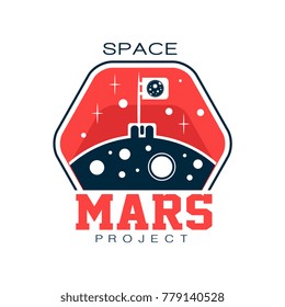 Abstract Logo With Flag On Mars. Discovering And Exploring Red Planet. Cosmic Journey. Outline Emblem. Flat Vector For Space Project, Print, Sticker Or Label