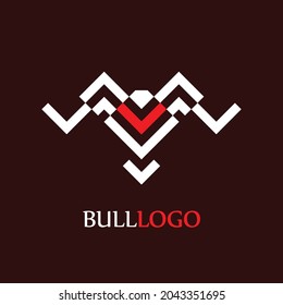 Abstract logo. The flat logo of bull or buffalo head with up pointing horn, made of 90-degree angled thick lines, with ‘Bull Logo’ text below. Head illustration in EPS8.