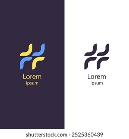 Logotipo abstrato com linhas curvas fluindo em azul e amarelo, formando um padrão ondulatório. Ideal para empresas de marca, empresas modernas, design criativo e empresas de tecnologia.