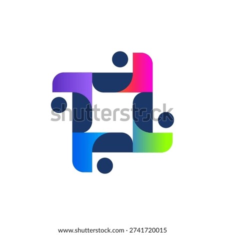 Abstract logo of four connected people forming a square, symbolizing community, teamwork, and inclusion. Ideal for nonprofits, associations, social platforms, and collaboration-driven brands.