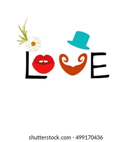 Abstract logo funny bride and groom, mustache tie and cylinder, red lips with daisy flower , Isolated on white background, text love, vector fashion design print, pattern invitation card wedding.