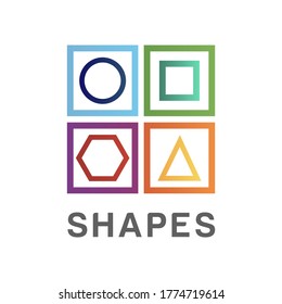 Abstract logo of geometric shapes: square, rhombus, polygon, hexagon, triangle, circle. Logo template, sign, symbol, icon, pictogram of colorful shapes from contour lines. Logo kids industry. Vector.