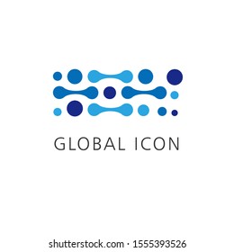 Abstract logo global design template. Blue molecules form vector pattern. Creative idea concept, icon, sign, symbol, identity, branding for business, science, hitech, technology, education, innovation