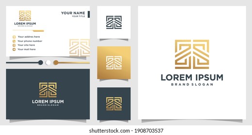 Abstract logo with golden gradient line art style and business card design template Premium Vector