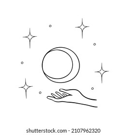 abstract logo hand holding a round moon and stars in the air. design element. minimal style. vector contour illustration
