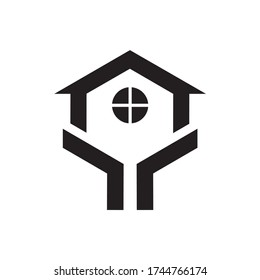 abstract logo hands prop the house. Unique and minimalist but elegant. For construction and housing companies of geometric shapes.