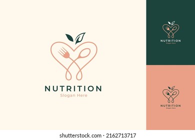 Abstract logo of a heart with cutlery and leaves. Symbol of healthy food, health nutrition and diet menu. Simple linear line concept with multiple preview colors.