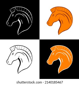 Abstract Logo Horse head with scruff like Spartan and ancient Greek military helmets. Horse logo in different variations, in line, color and black. Isolated Vector Graphics