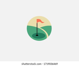 Abstract logo icon round shape, field and flag, golf.