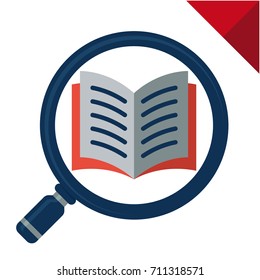 Abstract logo icon with search concept, reading, reviewing book. Illustrated with a magnifying glass and open book.