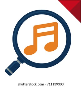 Abstract logo icon with search / review concept, for entertainment / music business, illustrated with magnifying glass and melody notes