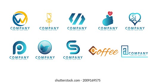 Abstract Logo Icon Set - dark blue gradient logo with turquoise, business symbol, letter w, coffee logo, flat icon collection, Isolated On White Background. ep 10
