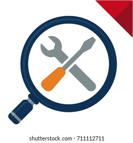 Abstract logo icons with search concept, for technician / setup services, illustrated with magnifying glass, screwdriver and wrench
