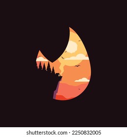 Abstract logo with the image of the fire and mountains. Vector illustration