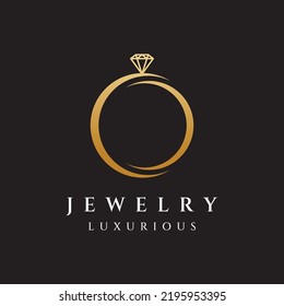 Abstract logo of jewelry ring with luxury diamond or gems.Isolated black and white background.Logo can be for jewelry brand and sign.