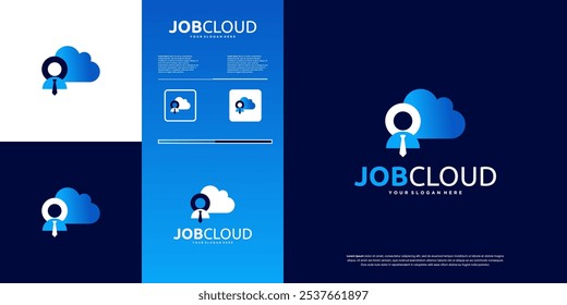 abstract logo of job search and digital cloud, recruitment technology, graphic vector design.