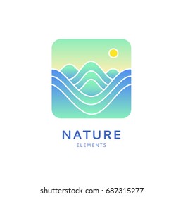 Abstract logo of landscape - mountains. Vector icon with hills, sun on isolated background. Square emblem for design of business, holiday, travel agency, hike, voyage and ecology, alpinism concept. 
