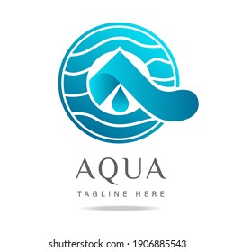 Abstract logo with A letter alphabet font in blue circle and waves lines,symbol clean water business company,sign reliable product and services.Design template icon technologies pure drop aqua.Vector.