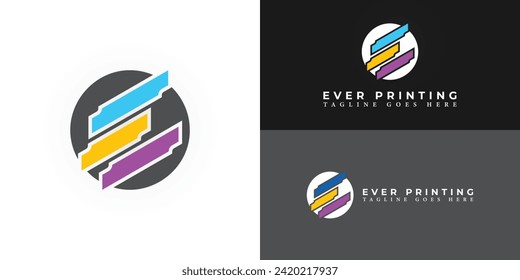 Abstract logo letter E or EE Creative circle logotype in blue, yellow, and purple color presented with multiple white and blue background colors. The logo is suitable for printing company logo design