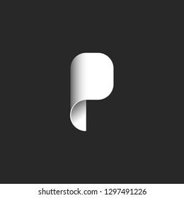 Abstract logo letter P in the form of a curled white sheet of paper, modern logotype in the style of material design